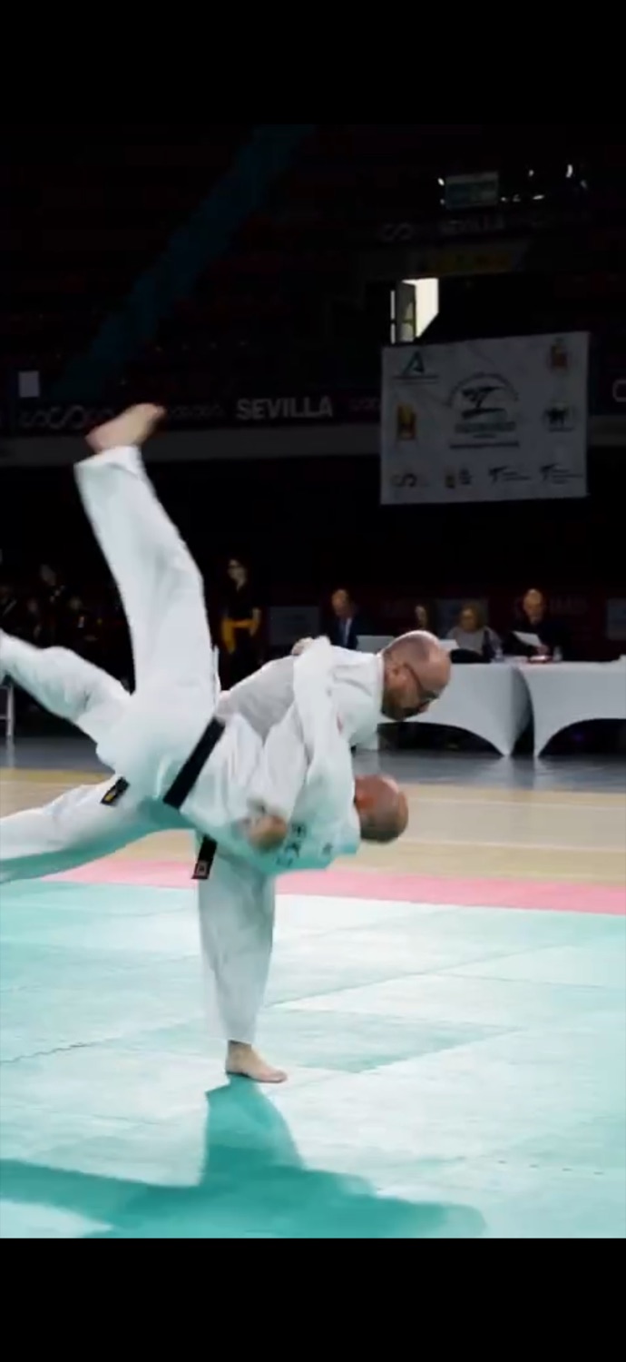 Pareja máster de Hapkido ejecutando una proyección