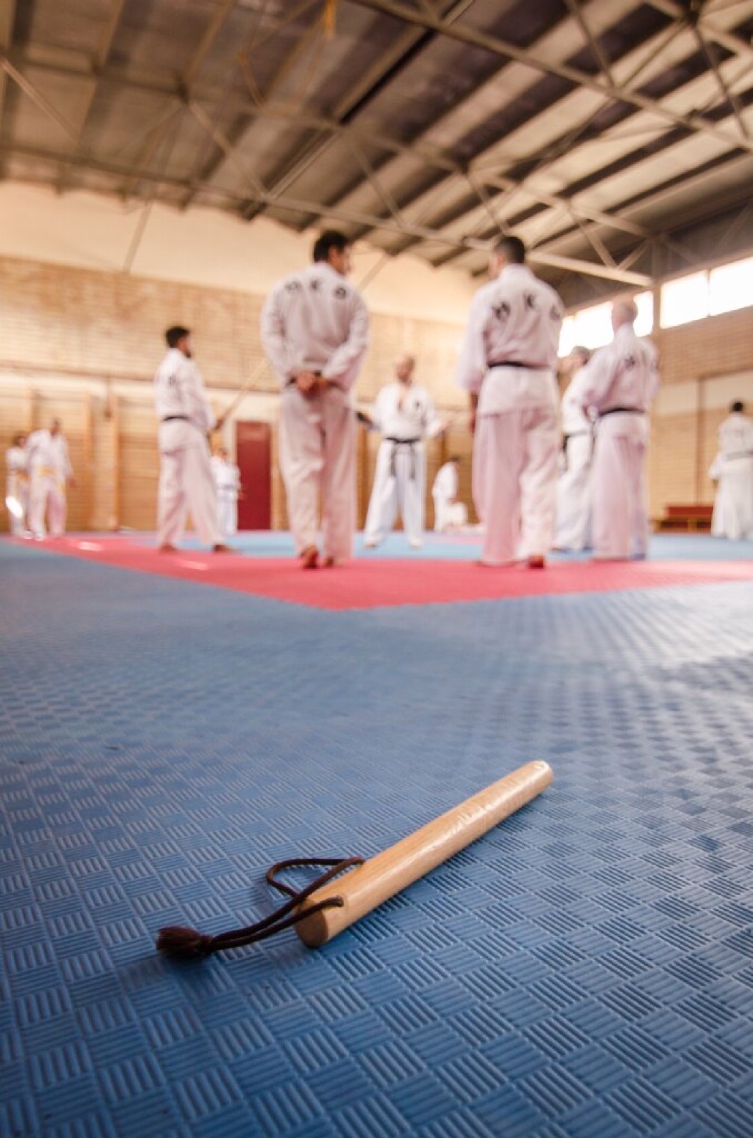 Bokken en primer plano mientras el grupo recibe instrucciones