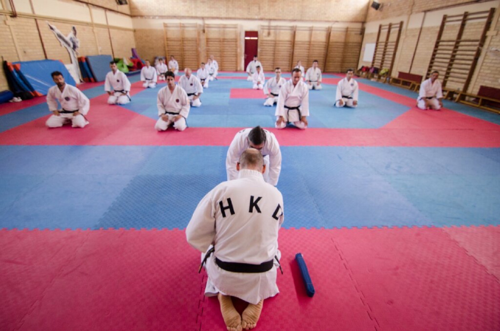 Alumnado de Hapkido SaChung durante el saludo de un examen de grado